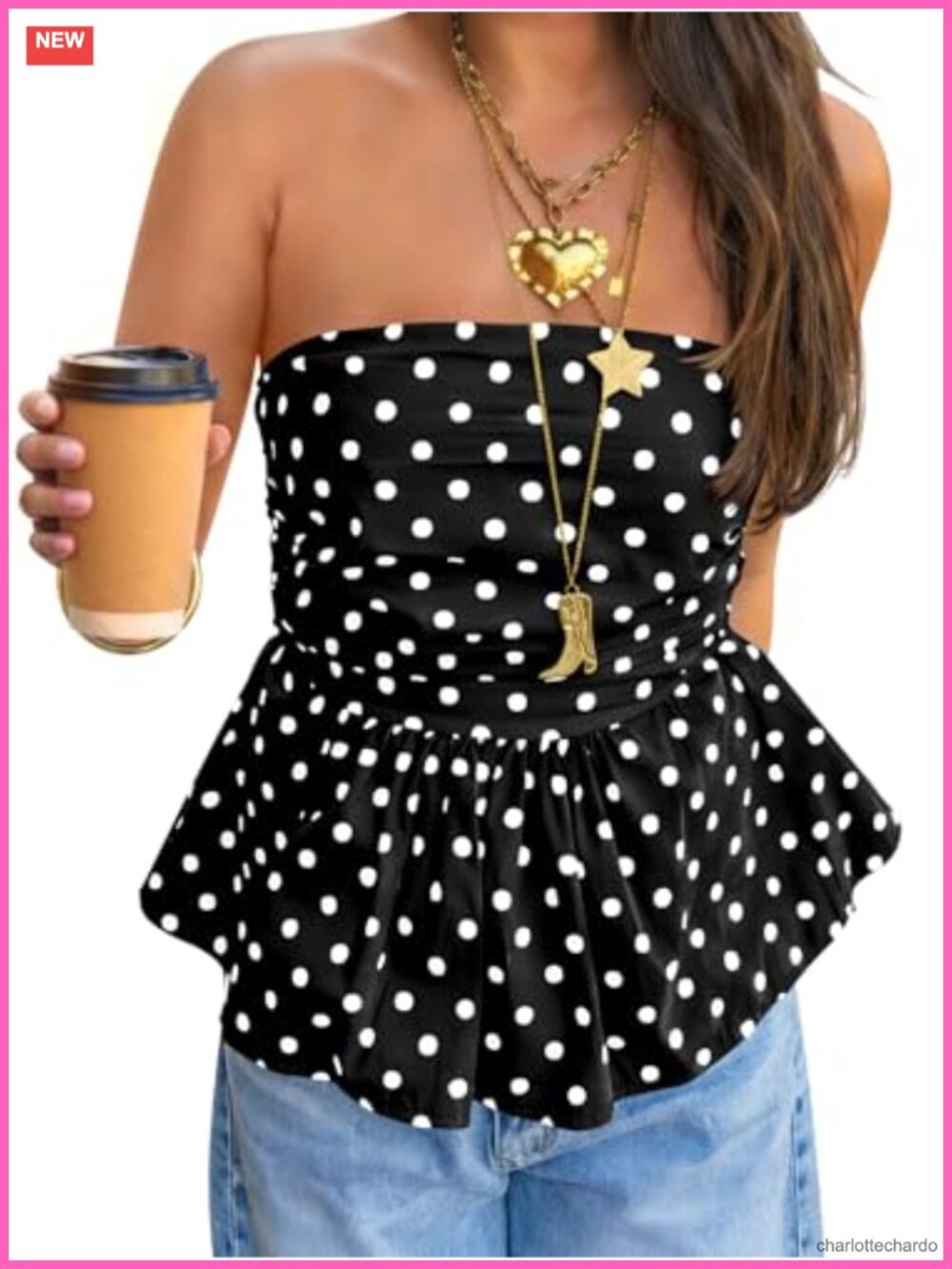 Womens Strapless Polka Dot Tube Top Y2K Peplum Ruffle Bandeau Summer Cute